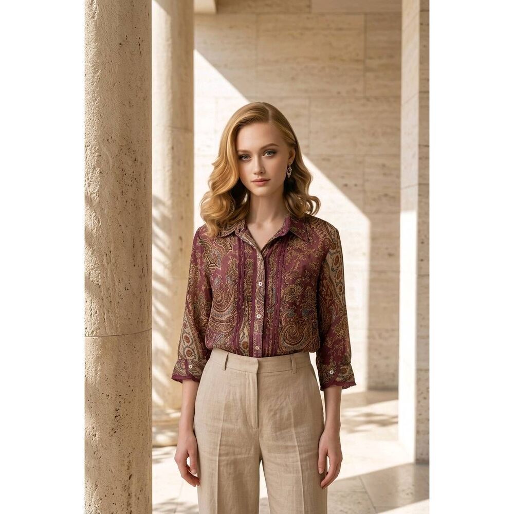 🔹️Motto Burgundy Paisley Semi Sheer Button Front 3/4 Sleeve Top Small
